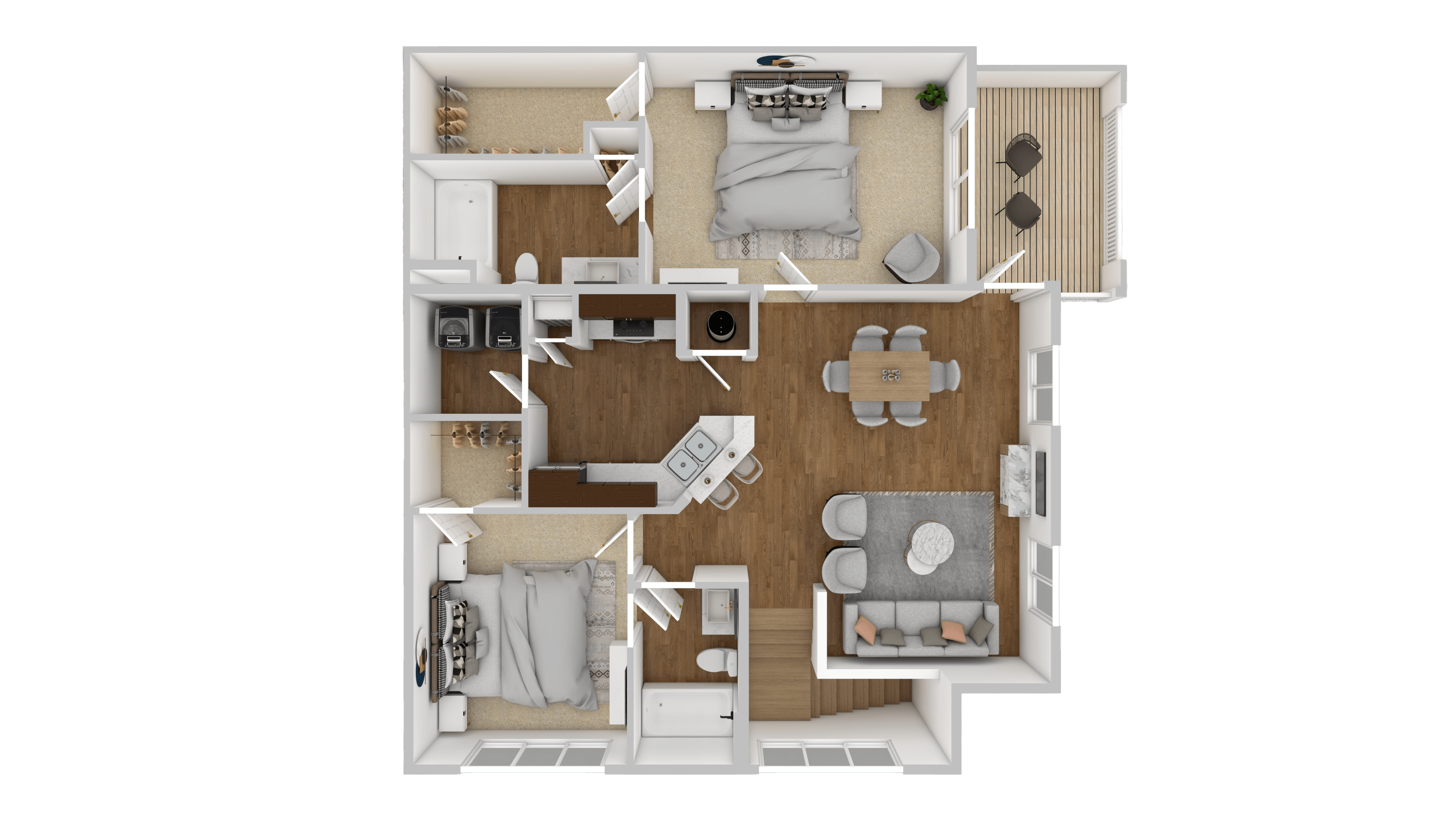 2 Bed, 2 Bath  Floorplan at The Retreat Apartment Homes in Williston, ND