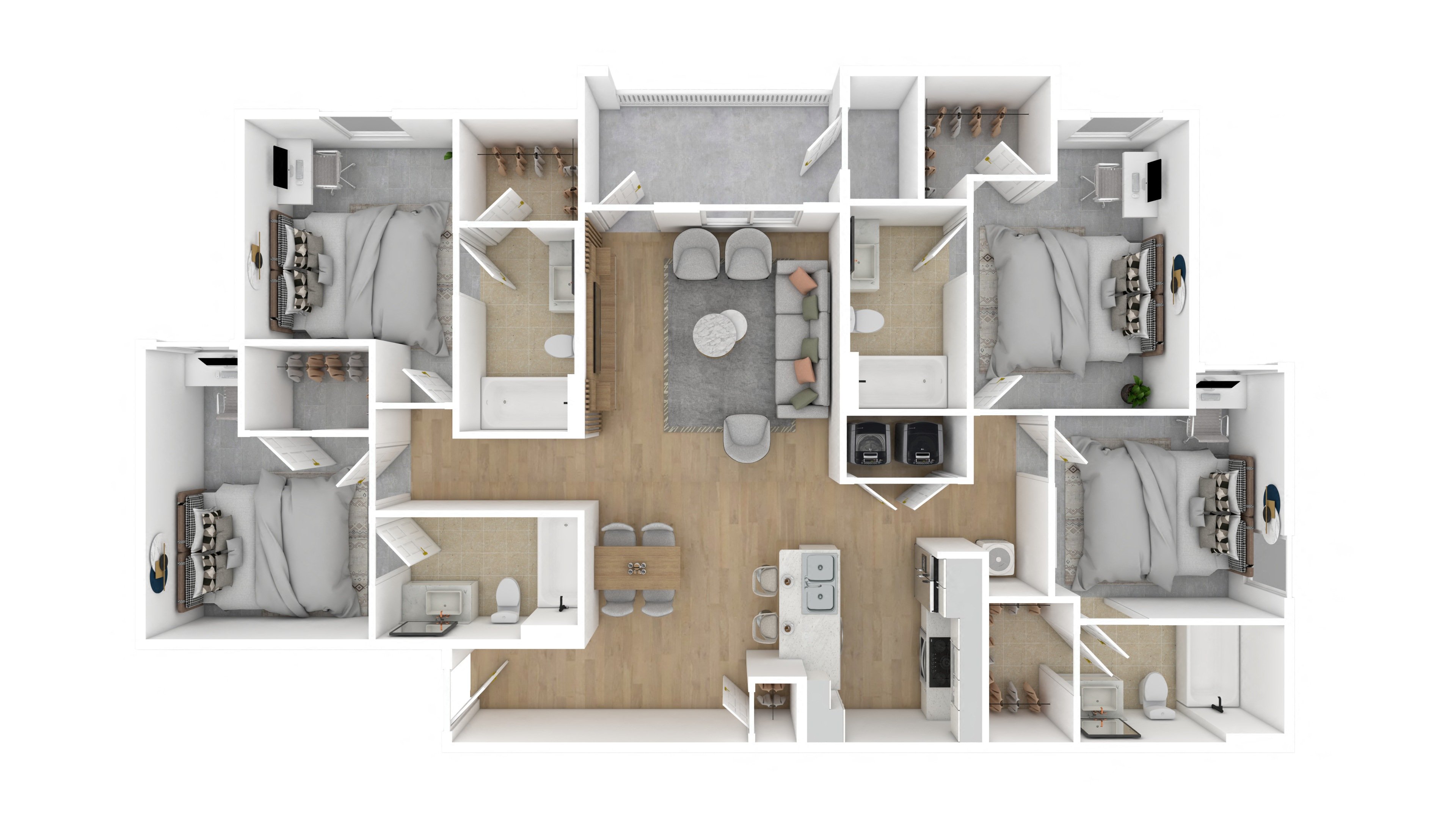 4 Bed 4 Bath Floor Plan | 1,573 Sq. Ft. at The Azul Apartment Homes in Oxford, MS