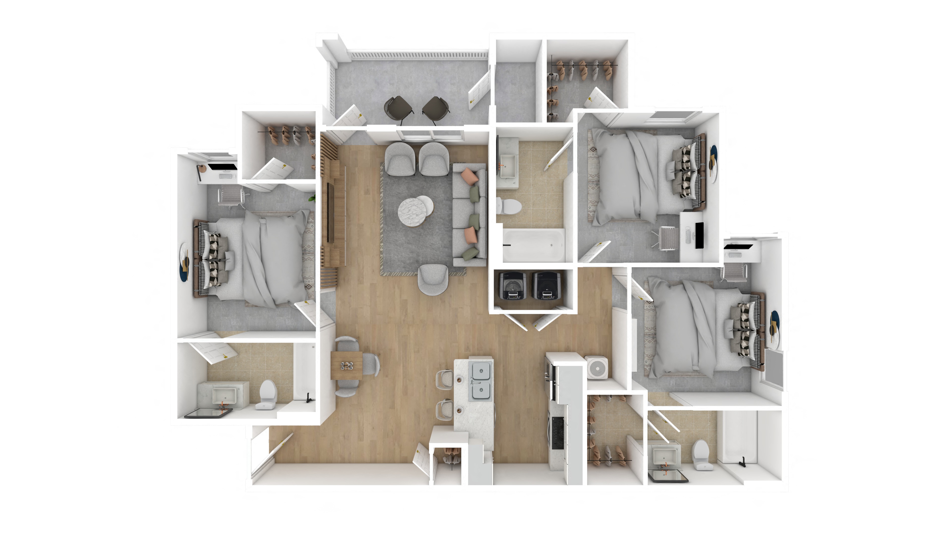 3 Bed 3 Bath Floor Plan | 1,275 Sq. Ft. at The Azul Apartment Homes in Oxford, MS 38655