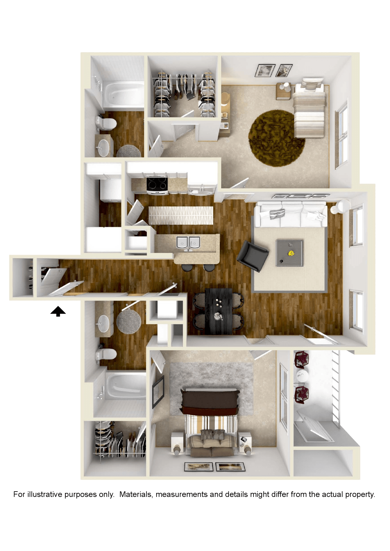 Two bedroom, Two bathroom floor plan at Audubon Park in Zachary, LA