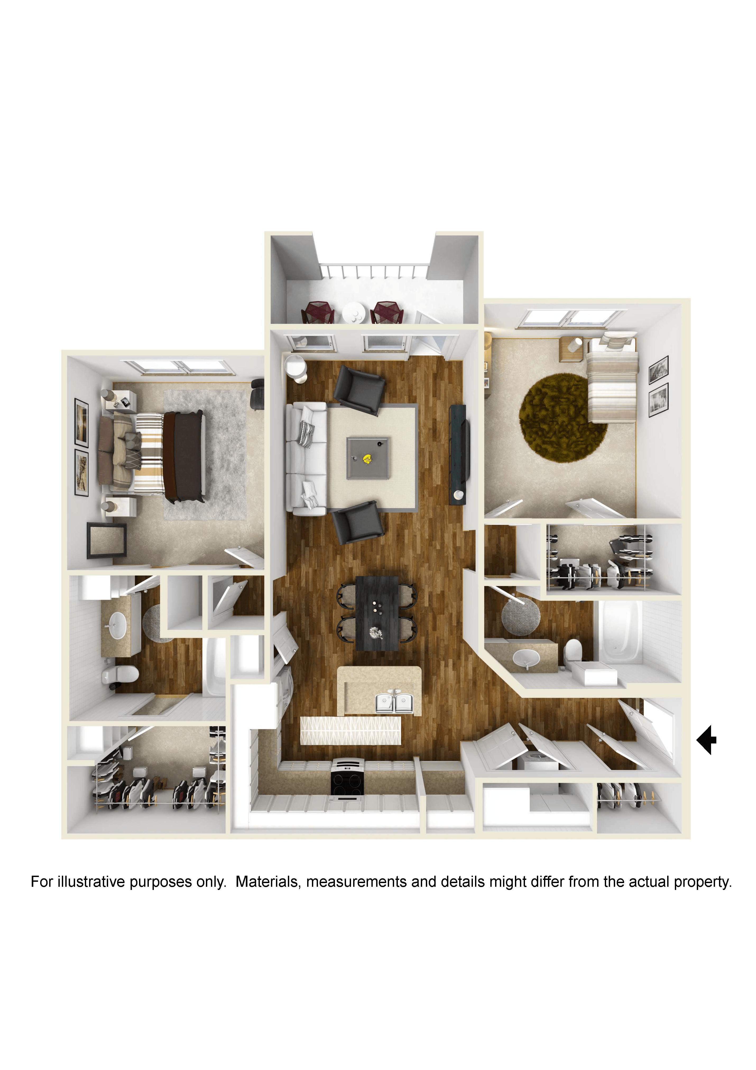The Palms 2 bedroom, 2 bathroom floor plan | 1,184 Sq. Ft. at Faulkner Flats in Oxford, Mississippi