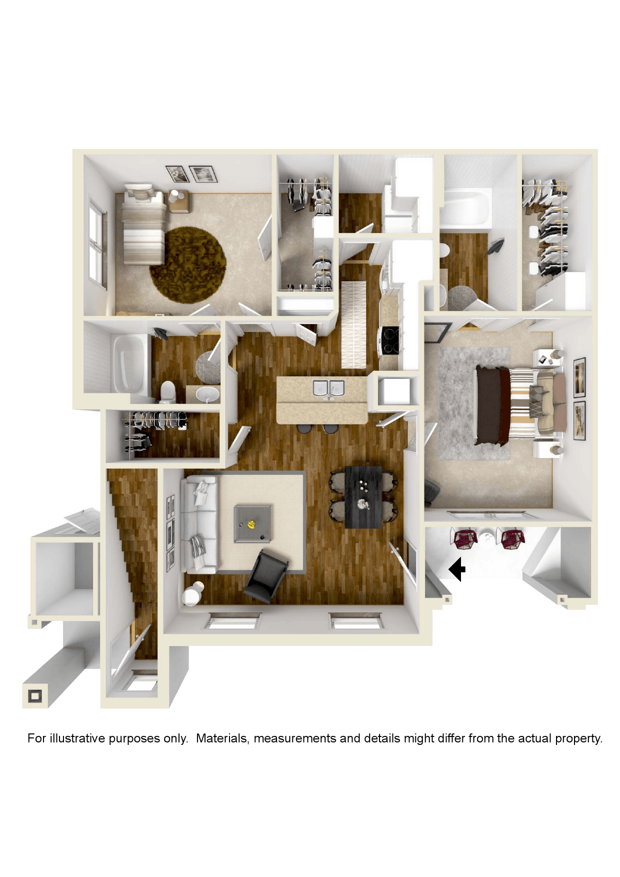 Two bedroom, Two bathroom floor plan at Audubon Park Apartment Homes in Zachary, LA
