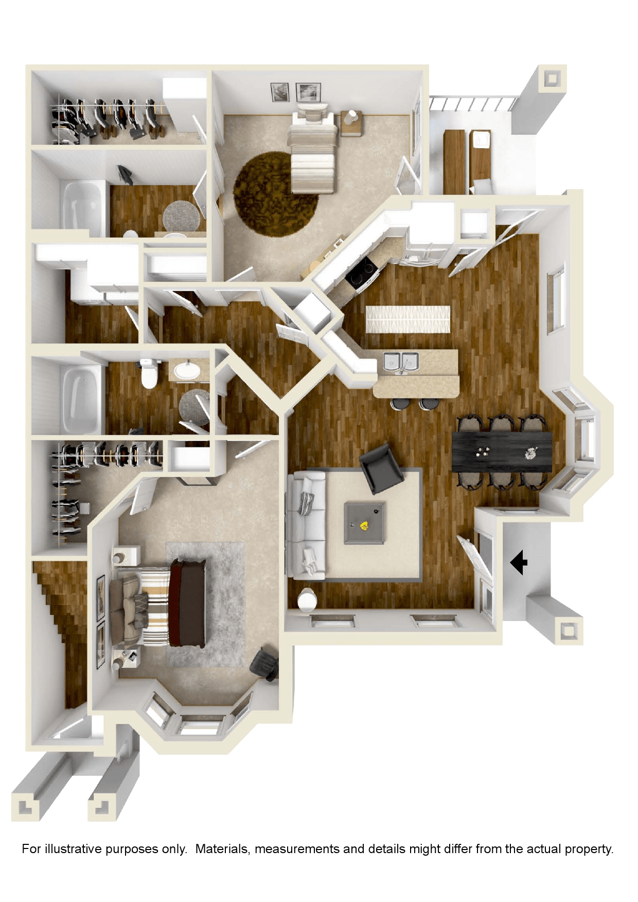 Two bedroom, Two bathroom floor plan at Audubon Park Apartment Homes in Zachary, LA
