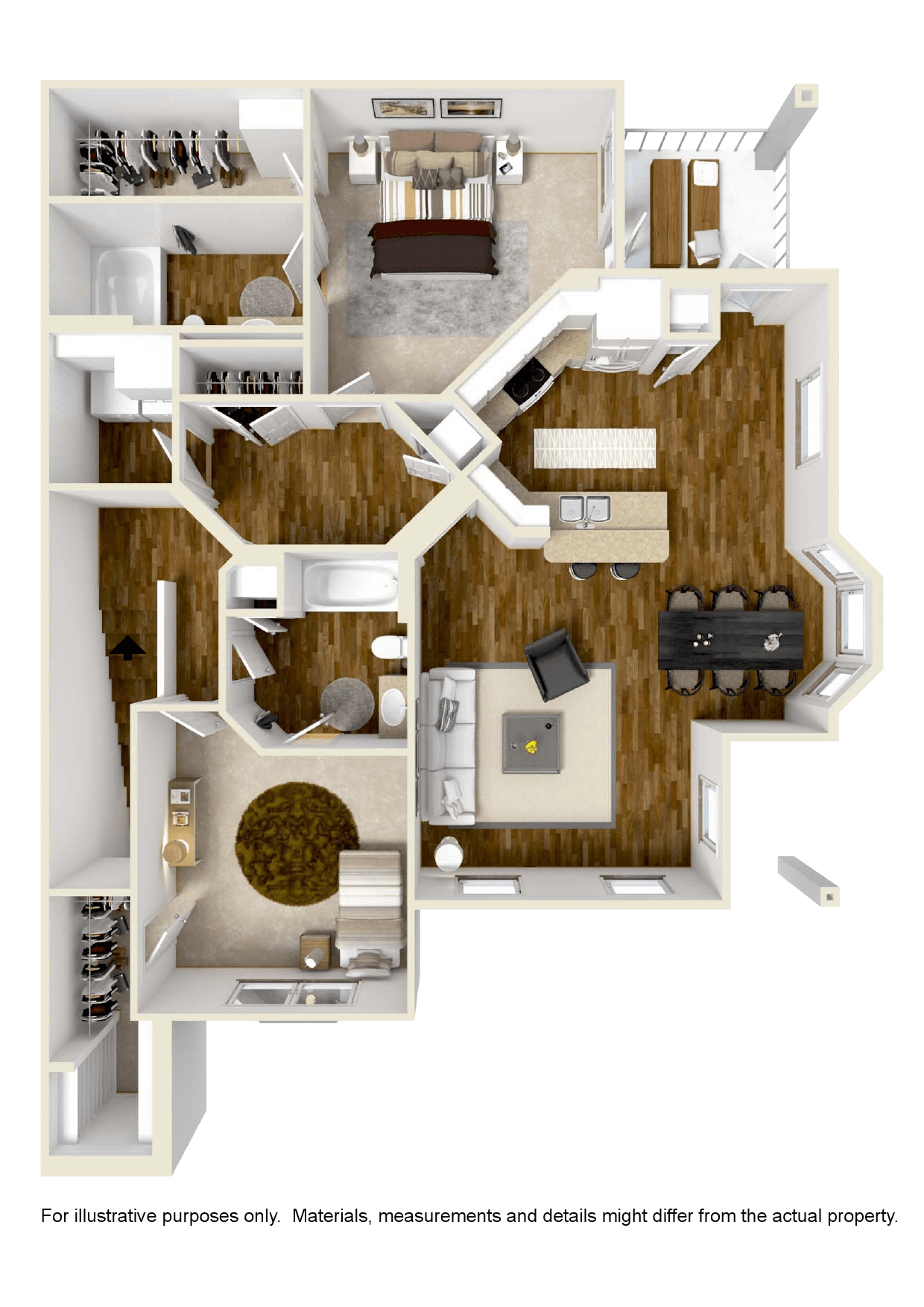 Two bedroom, Two bathroom floor plan at Audubon Park Apartment Homes in Zachary, LA