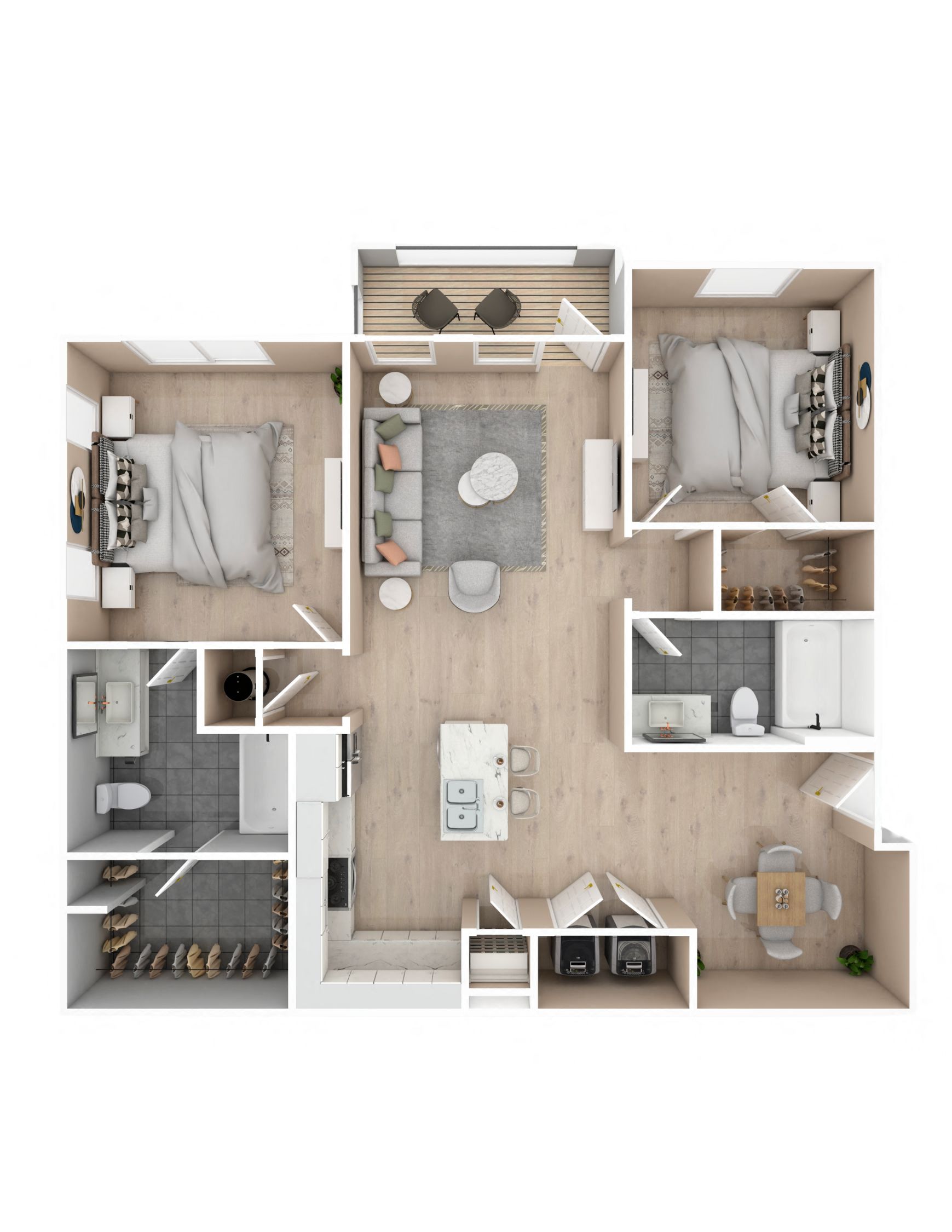 2 bedroom, 2 bathroom floor plan | 1,047 Sq. Ft. at Audubon Park Apartment Homes in Zachary, LA