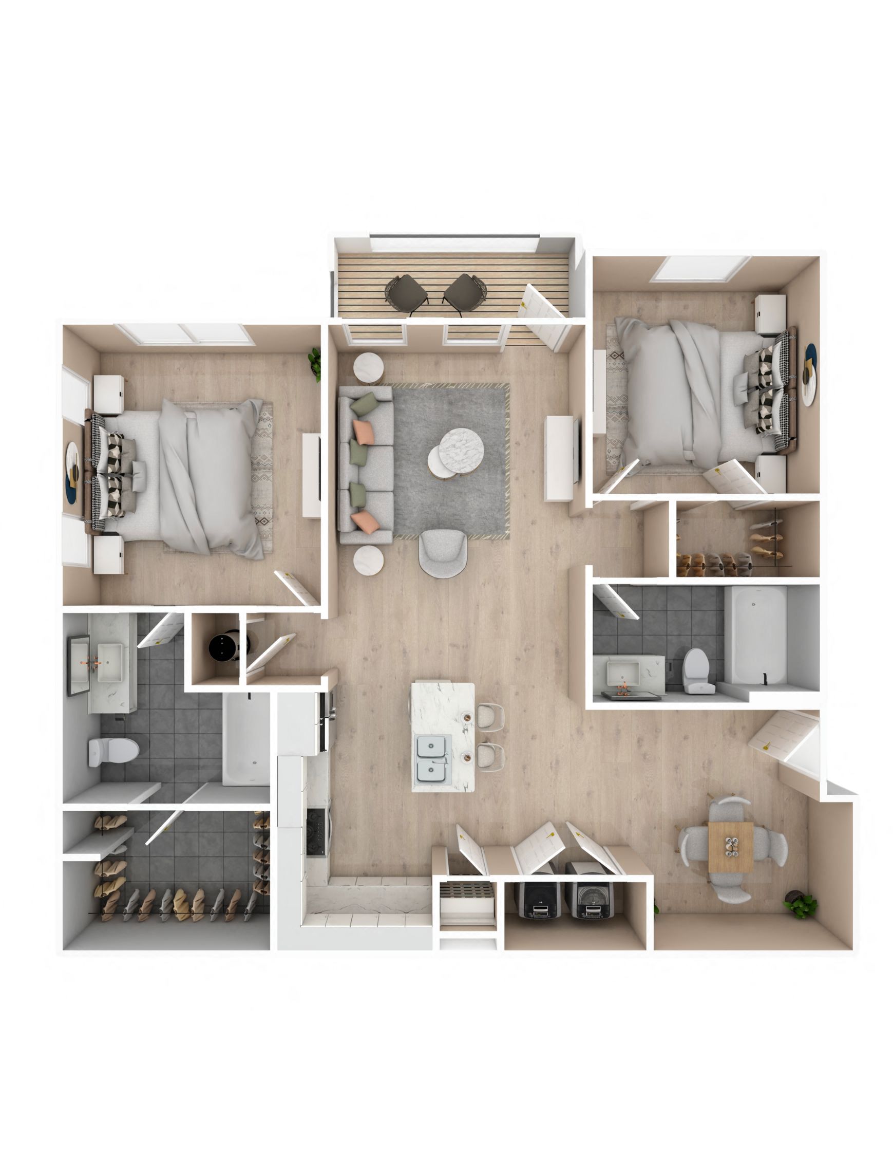2 bedroom, 2 bathroom floor plan | 1,047 Sq. Ft. at Audubon Park Apartment Homes in Zachary, LA