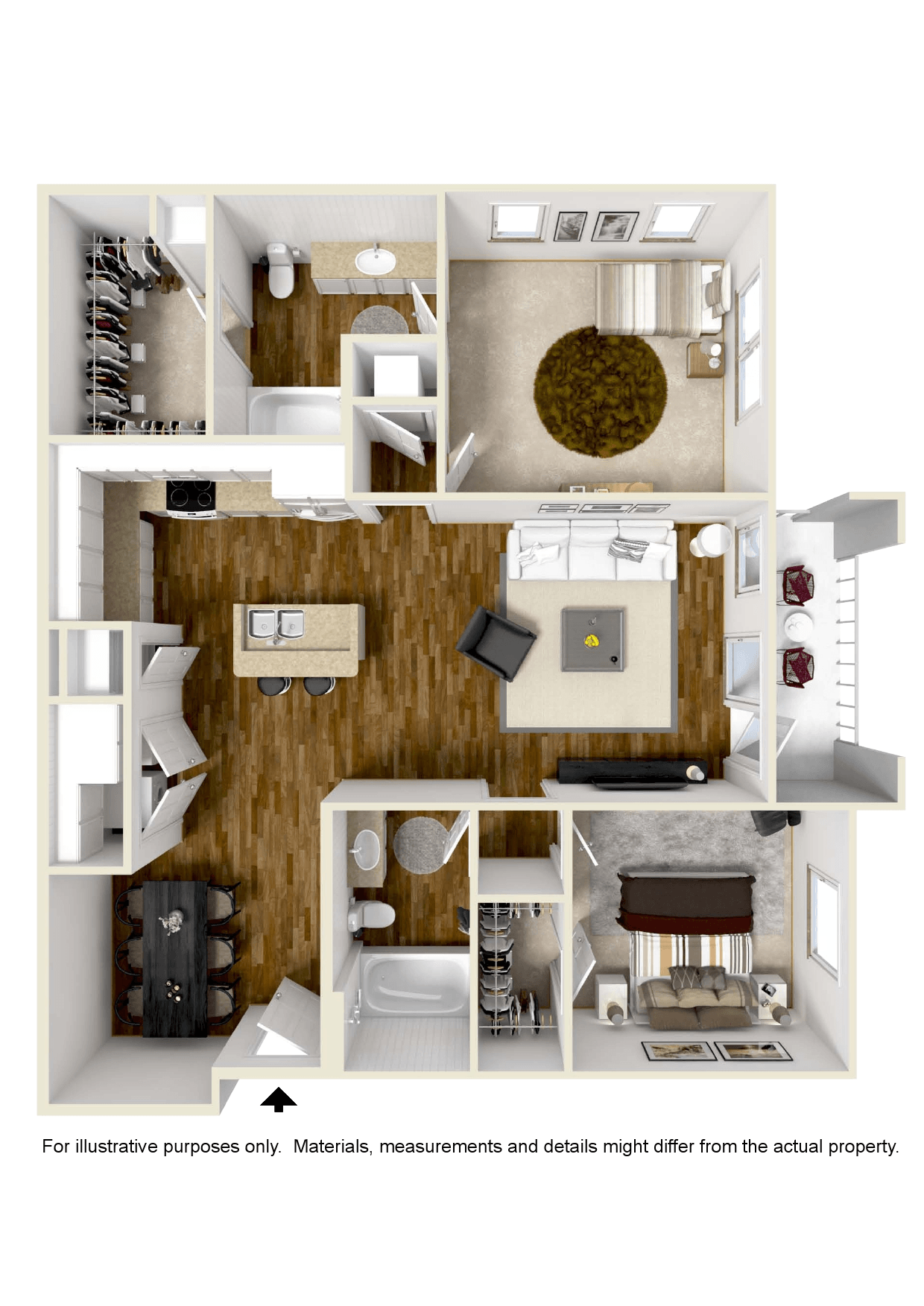 Two bedroom, Two bathroom floor plan at Audubon Park Apartment Homes in Zachary, LA