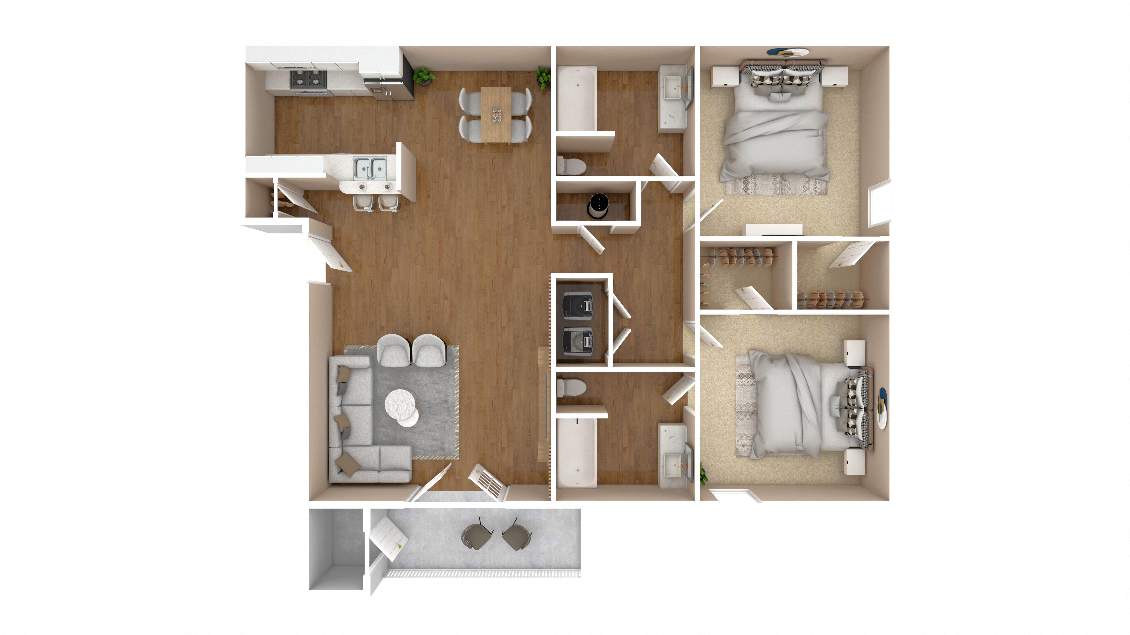 2 Bed 2 Bath Floor Plan | 1.186 Sq. Ft. at Bossier City Apartment Homes, Bossier City, LA