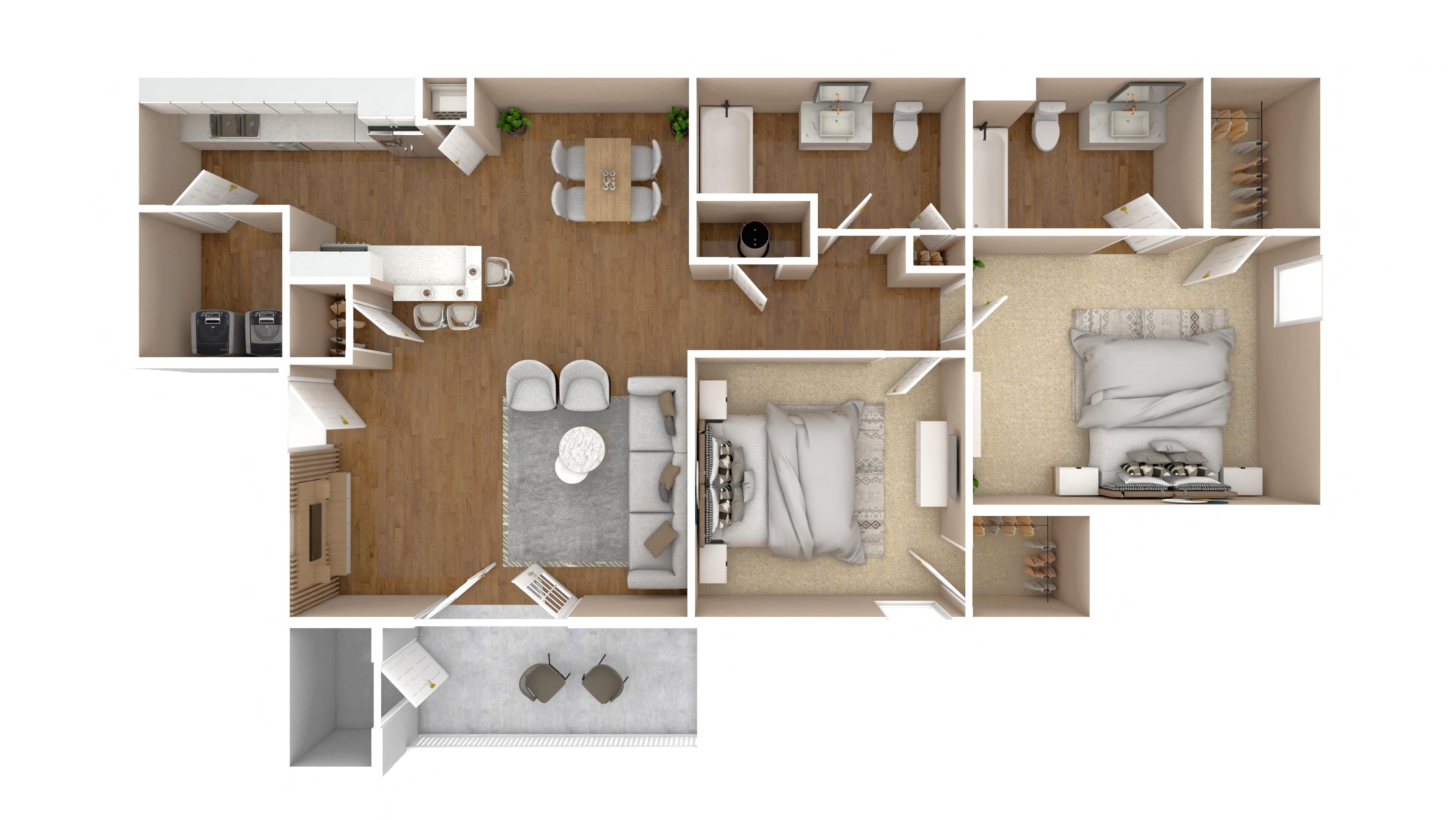 2 Bed 2 Bath Floor Plan | 1.100 Sq. Ft.   at Bossier City Apartment Homes, Bossier City, 71111