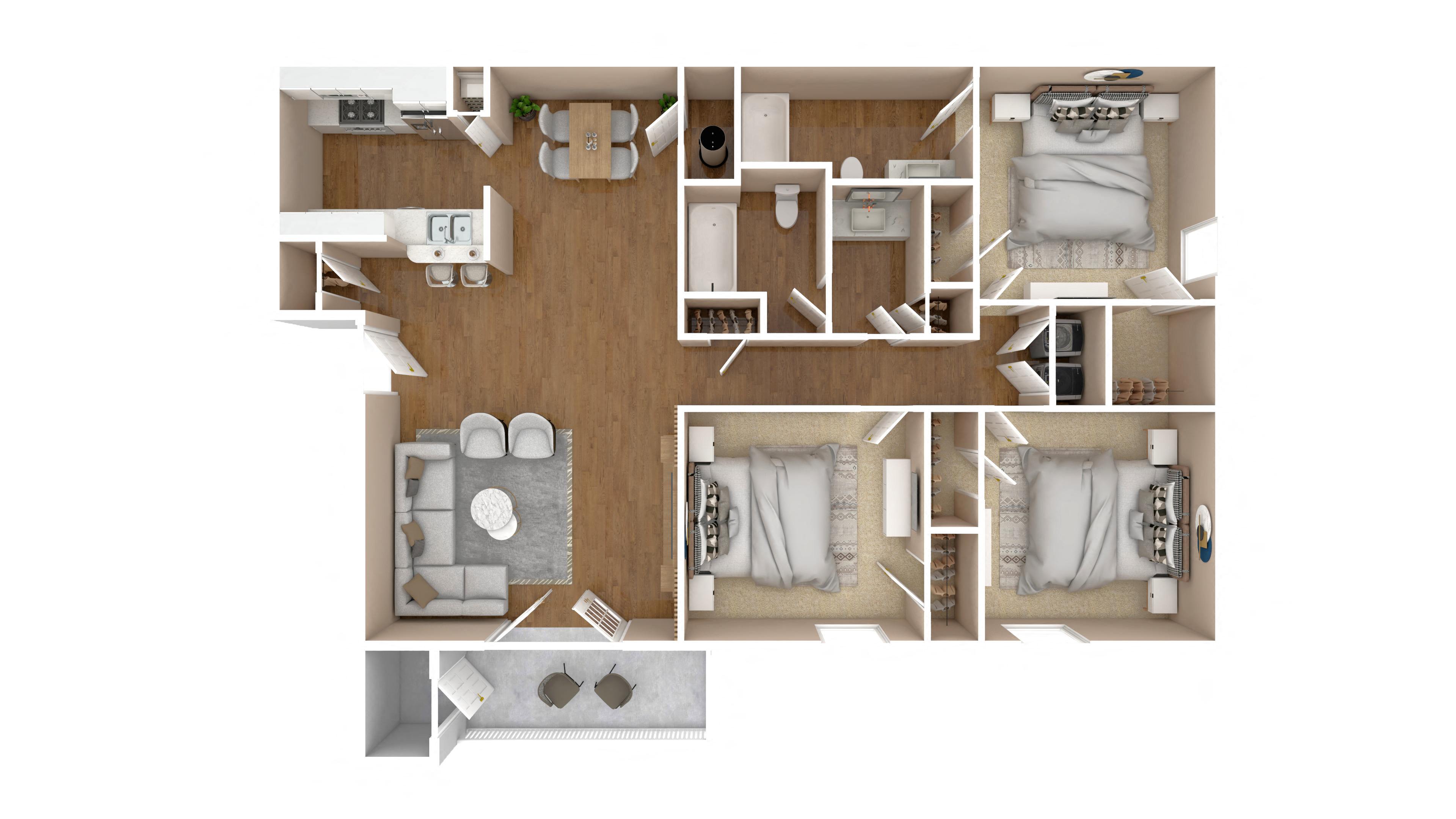 2 Bed 2 Bath Floor Plan | 1.312 Sq. Ft. at Reserve of Bossier City Apartment Homes, LA