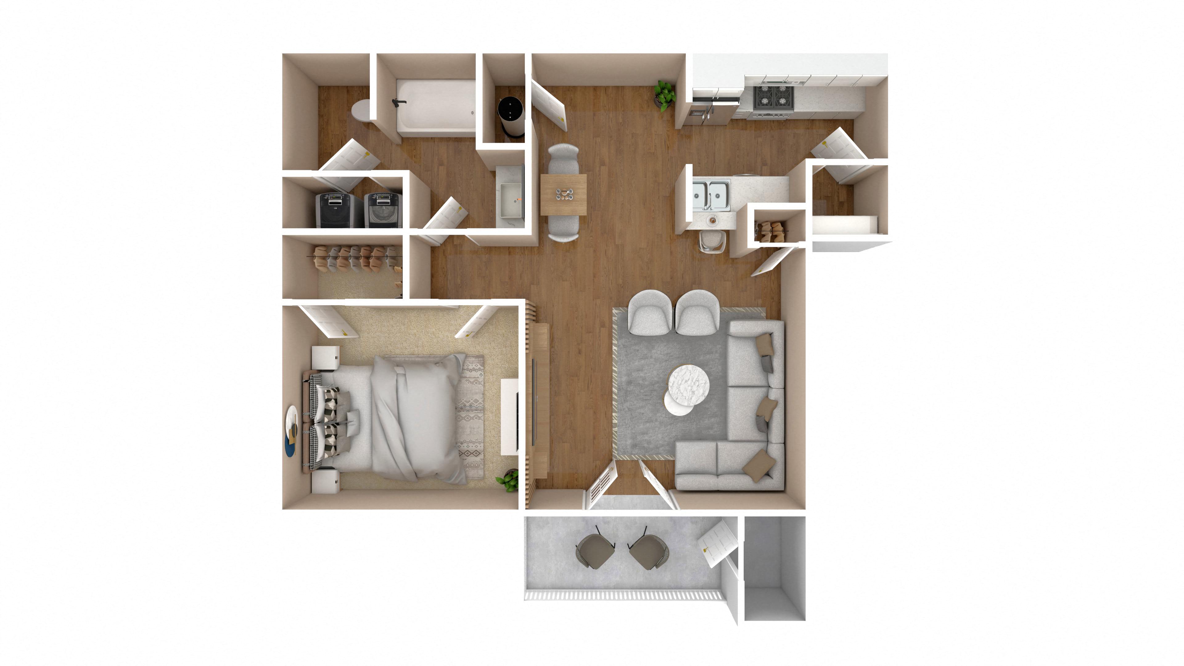 1 Bed 1 Bath Floor Plan | 880 Sq. Ft.  at Bossier City Apartment Homes, Bossier City