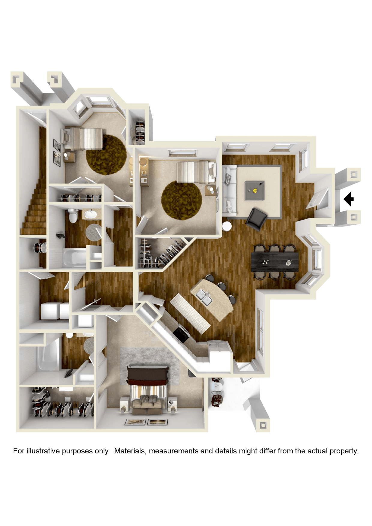Three bedroom, Two bathroom floor plan at Audubon Park Apartment Homes in Zachary, LA