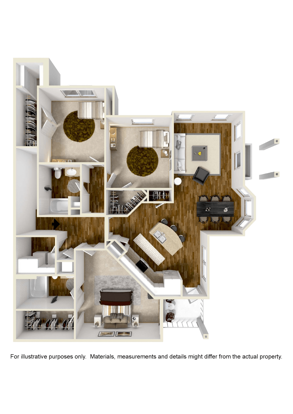 Three bedroom, Two bathroom floor plan at Audubon Park Apartment Homes in Zachary, LA