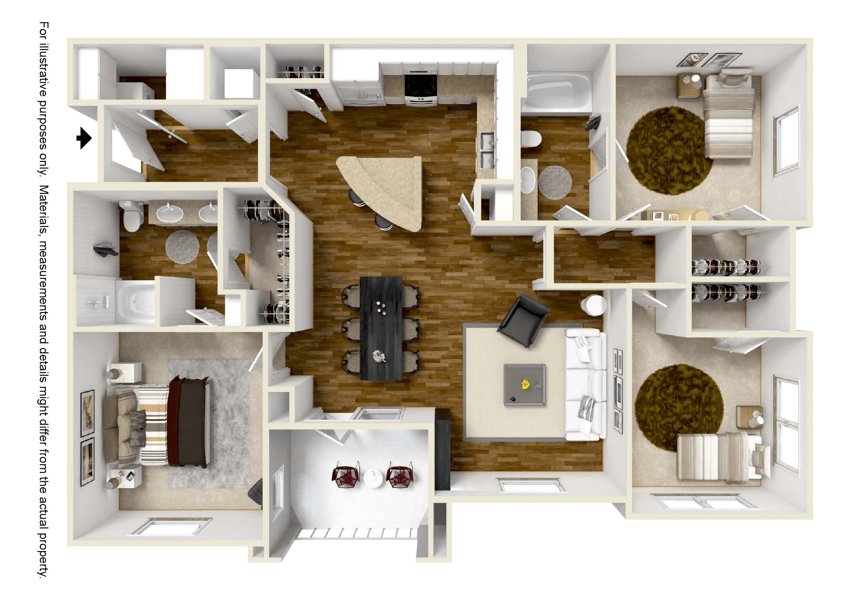 3 bed 2 bath floor plan Audubon Park Apartment Homes Louisiana