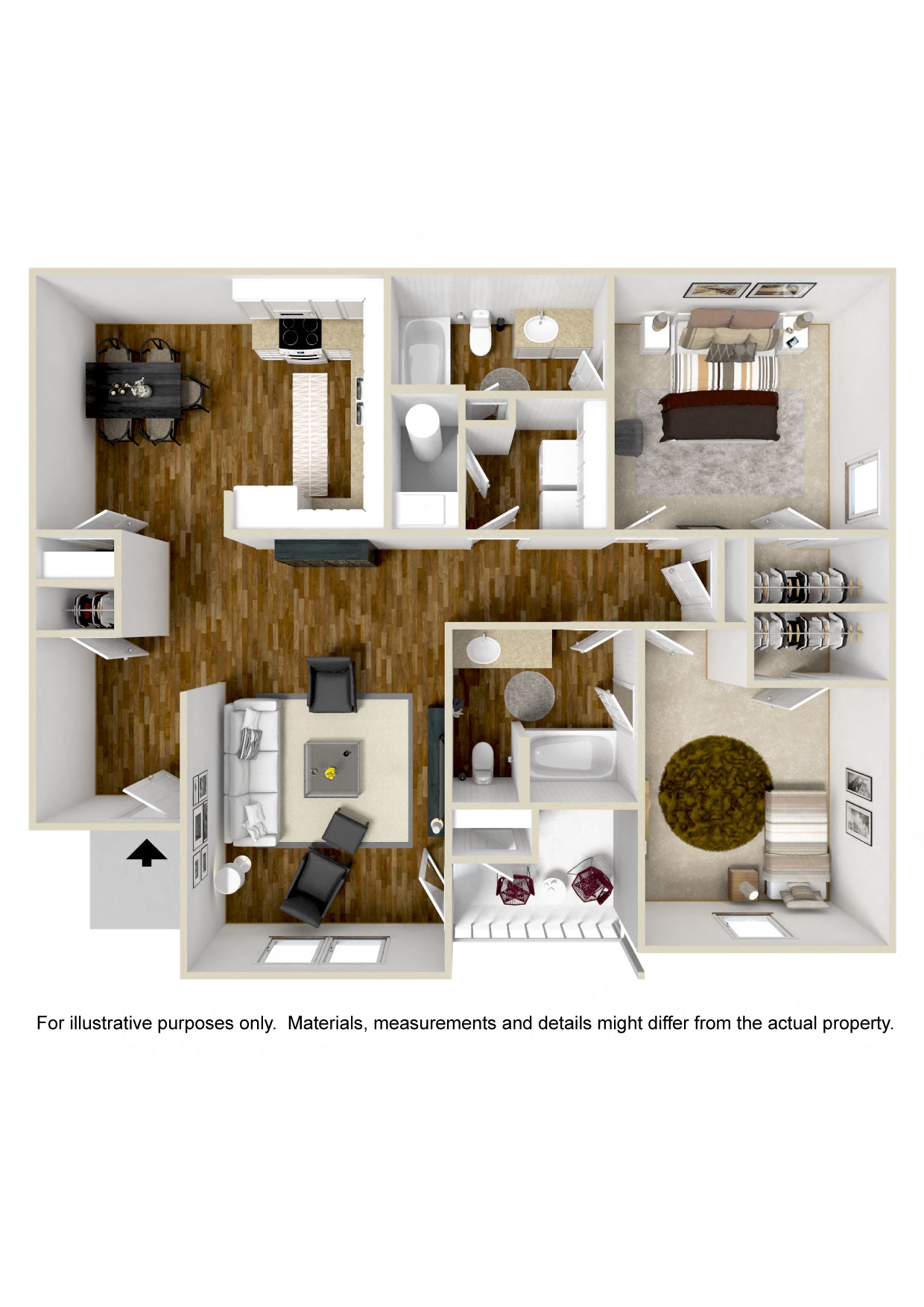 2 Bed, 2 Bath Floorplan | 1,112-to1,156 Sq. Ft. at The Vineyard at Castlewoods Apartment Homes in Mississippi 39047