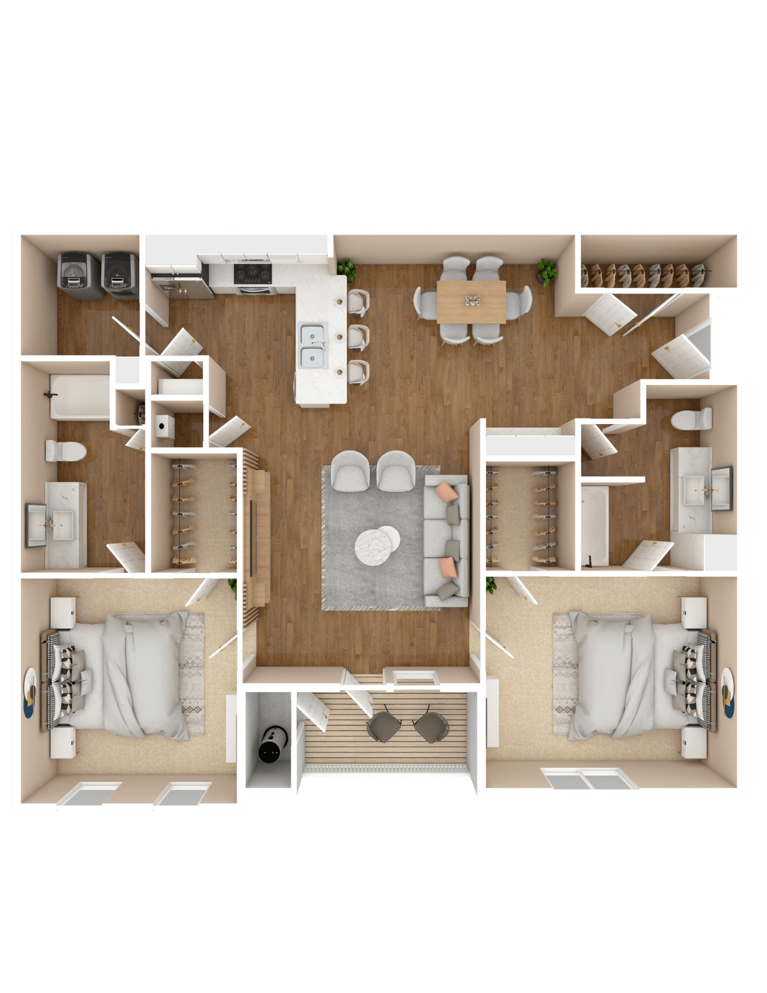 The Hawk - Two Bedroom and Two Bathroom Floor Plan | 1,294 Sq. Ft. at Cumberland Place Apartment Homes, Tyler, TX 75703