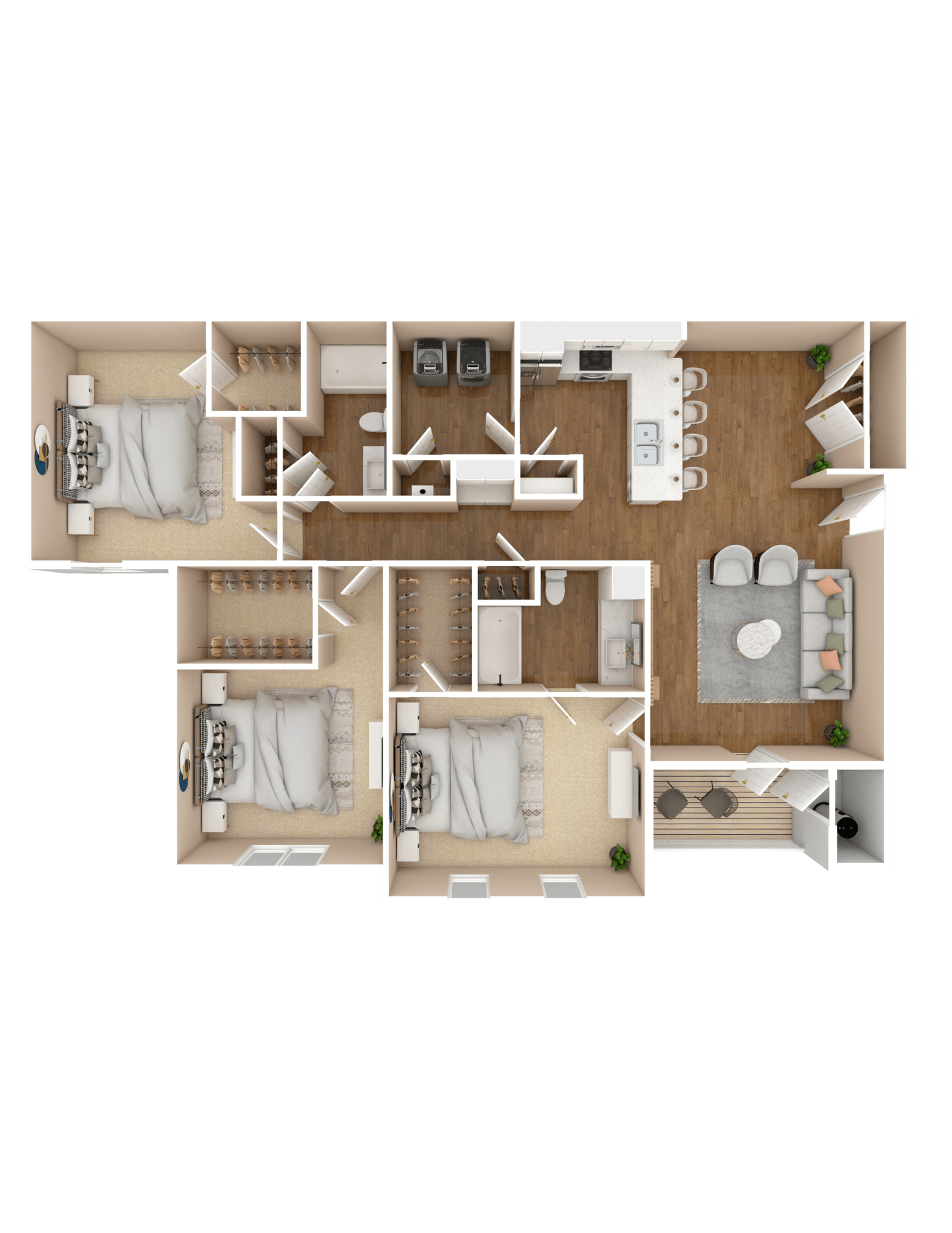 The Rose - Three Bedroom and Two Bathroom Floor Plan | 1,446 Sq. Ft. at Cumberland Place Apartment Homes, Tyler, TX