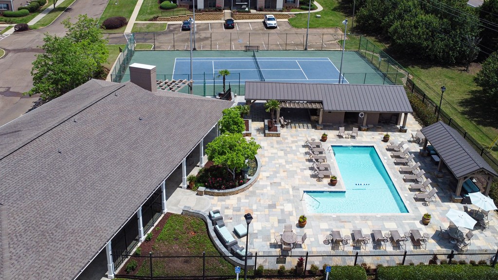 Aerial view of community pool at Highpointe Apartment Homes, Brandon, MS