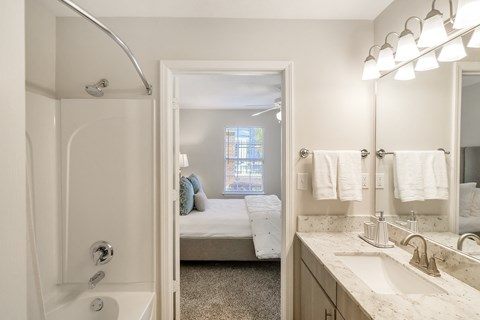 a bathroom with a shower and a sink and a mirror at Bridgewater Apartment Homes, Brandon, MS