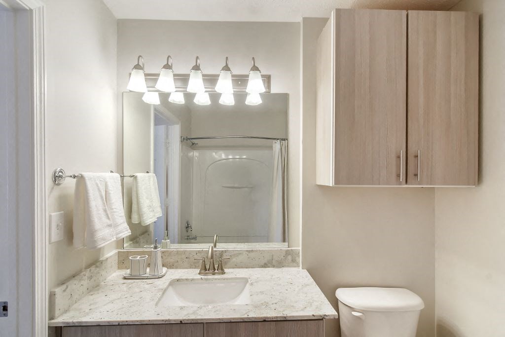 a bathroom with a sink toilet and mirror  at Bridgewater Apartment Homes, Brandon