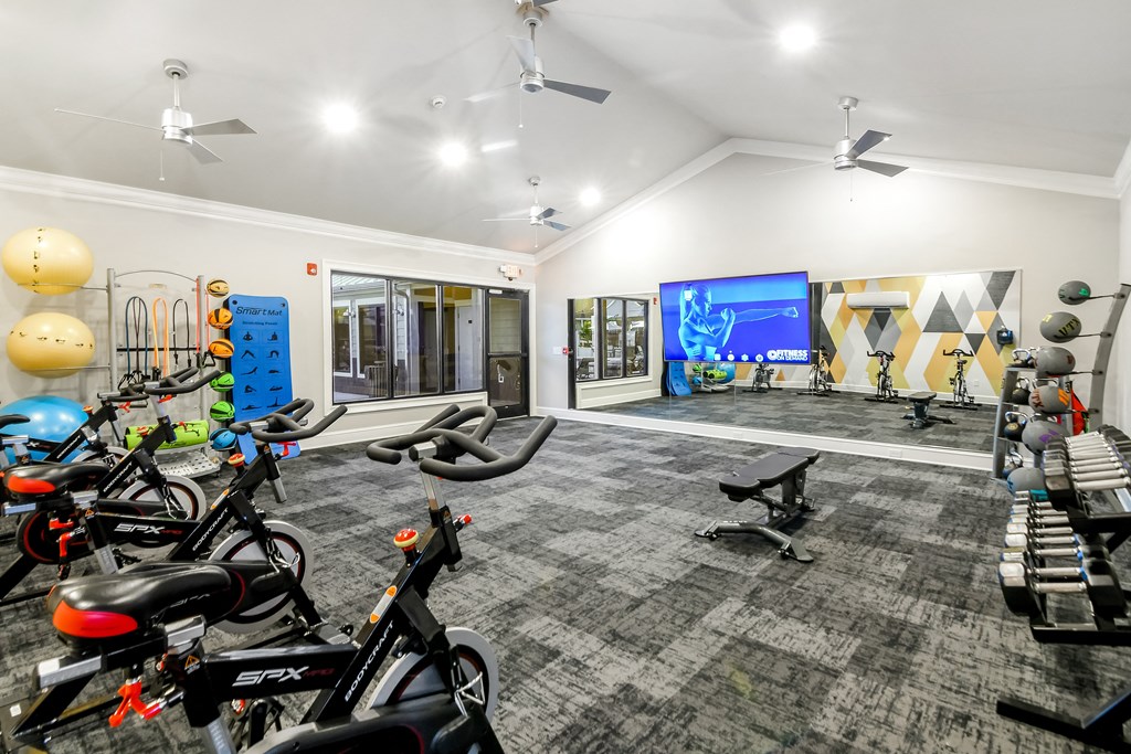 a home gym with bikes and weights and a television at Crossgates Apartment Homes, Starkville