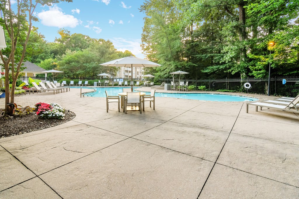 A pool surrounded by trees and umbrellas.