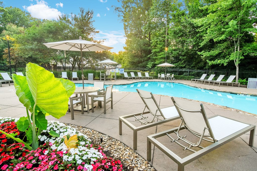 A pool surrounded by trees and chairs.