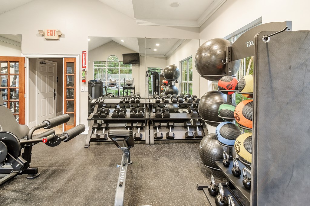 A gym with a variety of equipment including weights and dumbbells.