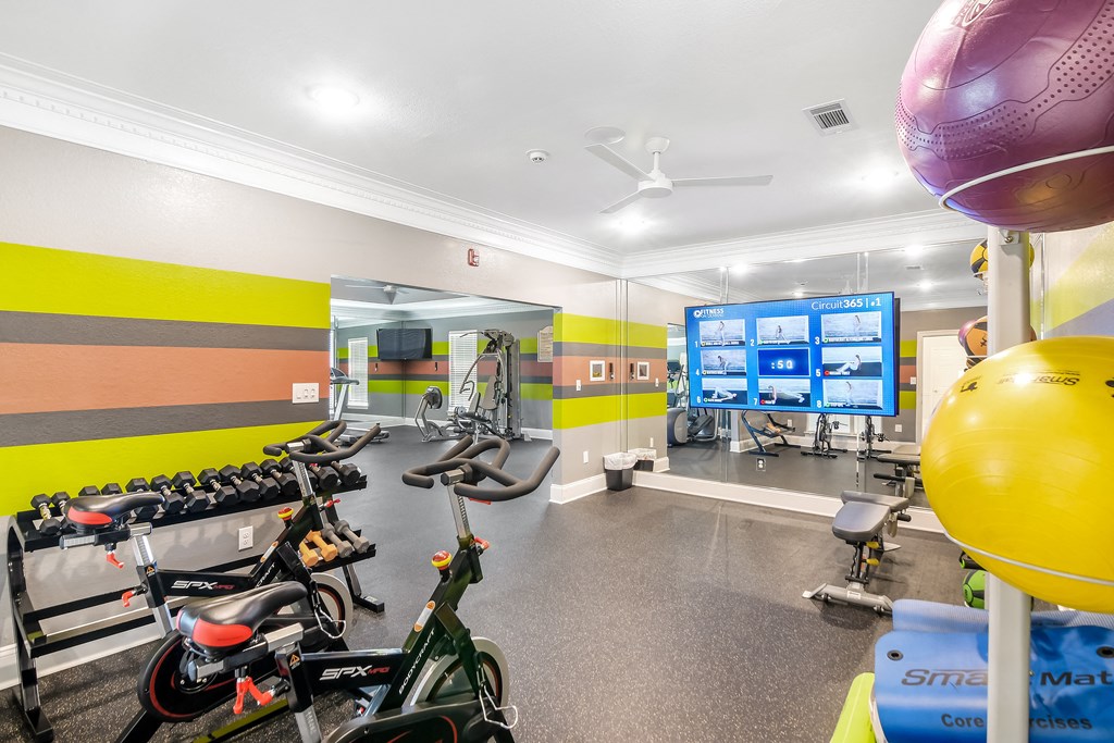 a workout room with bikes and weights and a tv at Avalon Apartment Homes in MS 39759