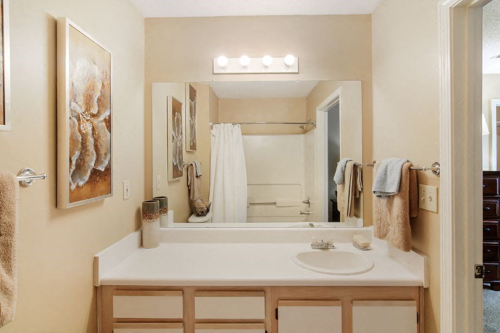 a bathroom with a sink and a mirror at The Colony Apartment Homes, Columbus