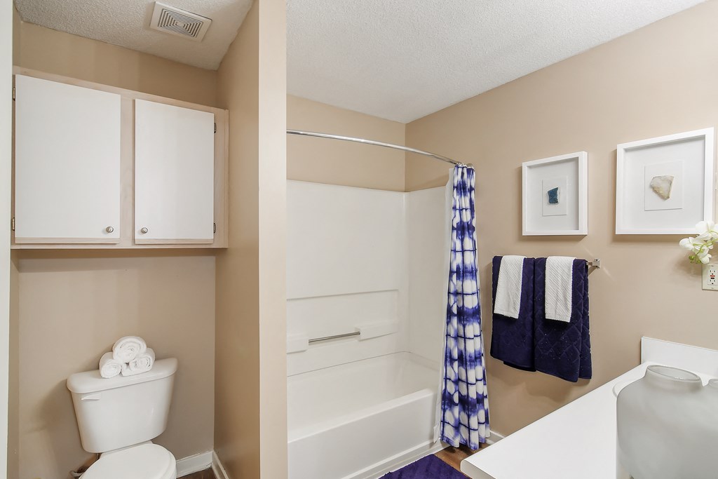 a bathroom with a shower and a toilet and a sink at Lexington Pointe Apartment Homes in Mississippi 38655
