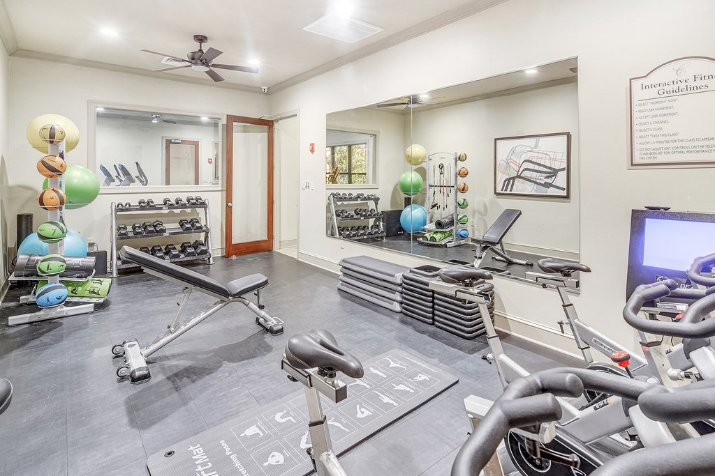 a gym with exercise machines and weights and a tv at Cambridge Station Apartment Homes, Oxford, MS, 38655