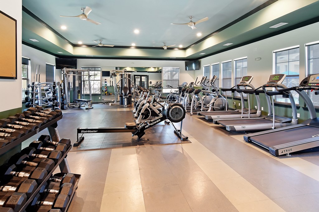 a gym with cardio equipment and weights on the floor at Wellington Grande Apartment Homes, Longview