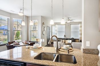 Modern kitchen with granite countertops and stainless steel appliances at Wellington Grande Apartment Homes, Longview, 75605