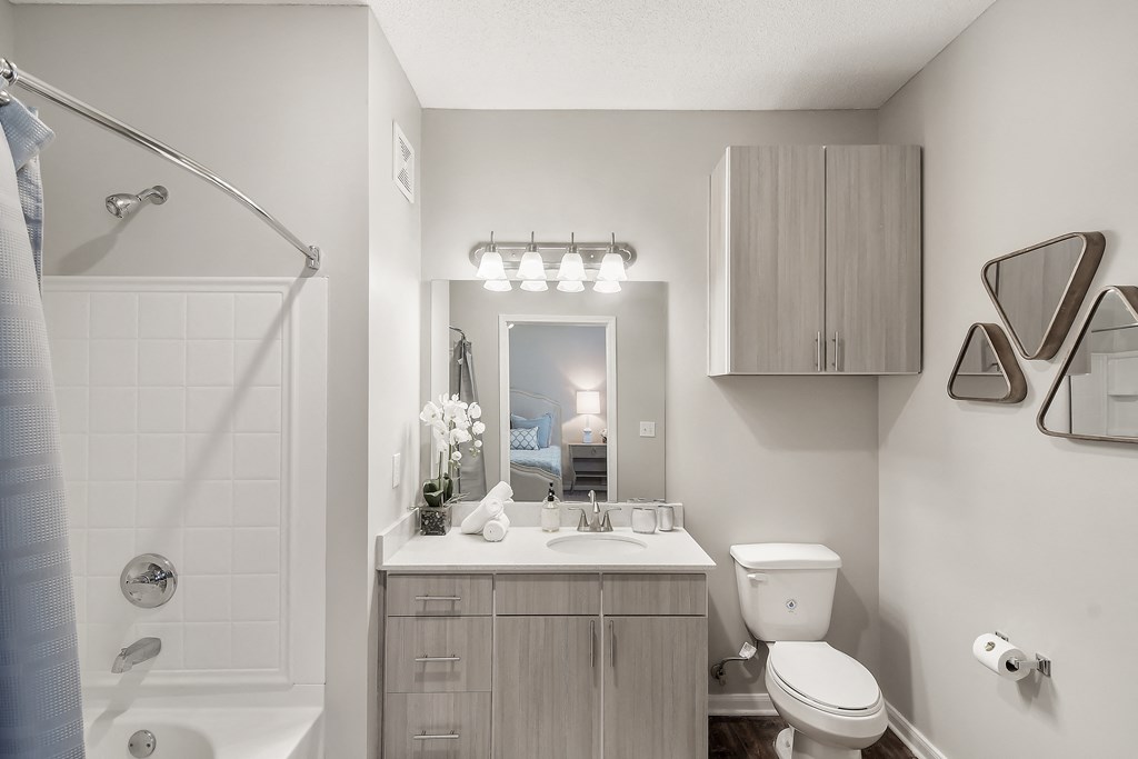 a bathroom with a shower toilet and sink and a mirror at Lagniappe of Biloxi Apartment Homes, Mississippi   , 39532