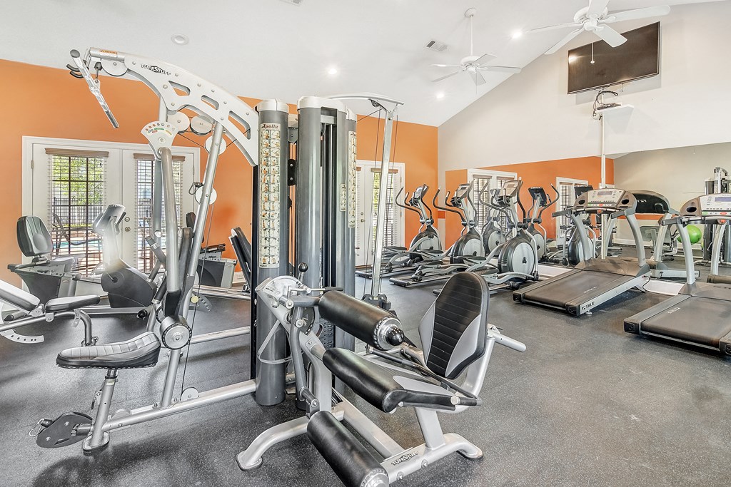 a gym with cardio machines and weights on the floor and a tv at Reserve of Jackson Apartment Homes, Jackson, 39211