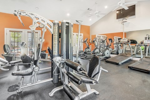a gym with cardio machines and weights on the floor and a tv
