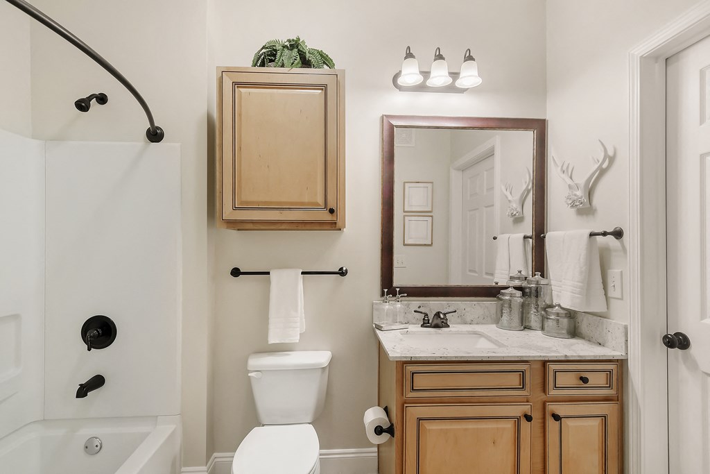 a bathroom with a toilet and a sink and a mirror at Charleston Apartment Homes, Mobile, AL 36695