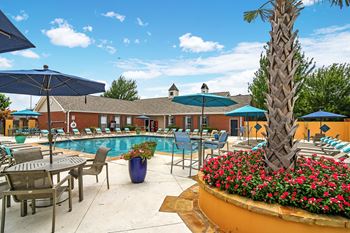 A pool area with a palm tree  at Summit of Shreveport Apartments, Shreveport, LA, 71105