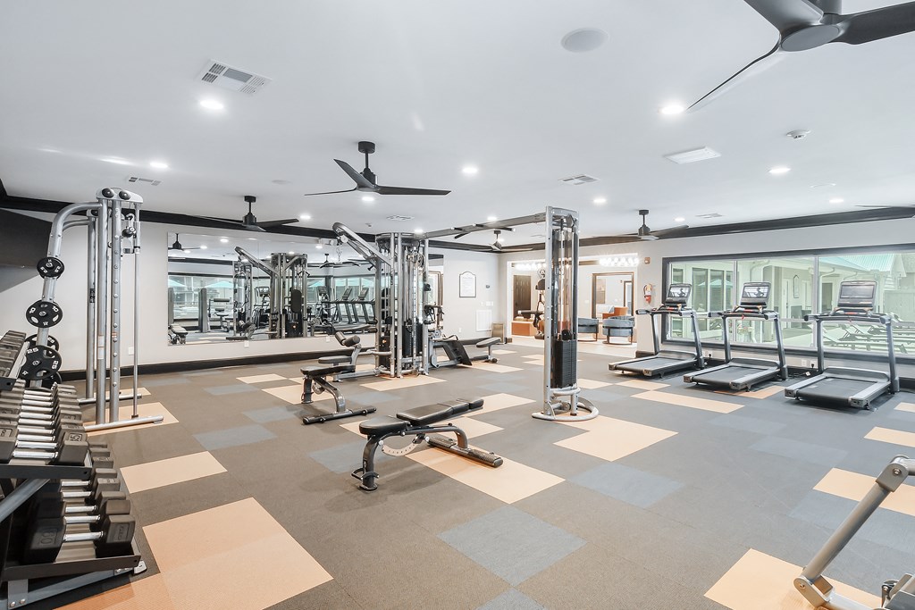 a gym with weights and cardio equipment and glass walls at The Woodlands Apartment Homes, Meridian