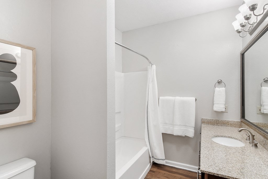 Bathroom with a shower and a sink and a mirror at Highpointe Apartment Homes, Brandon, MS