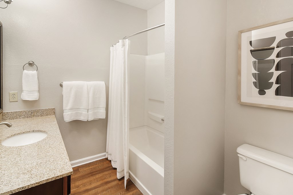 Bathroom with a shower and a sink and a toilet at Highpointe Apartment Homes, Brandon, 39042