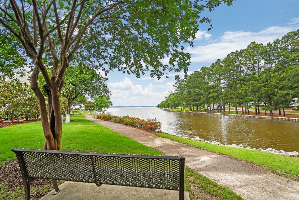 a park bench sitting next to a tree on the side of a river at Lakeshore Pointe Apartment Homes, Mississippi