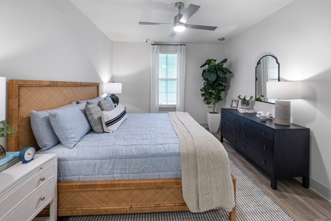 A bedroom with a bed, nightstand, and a plant.