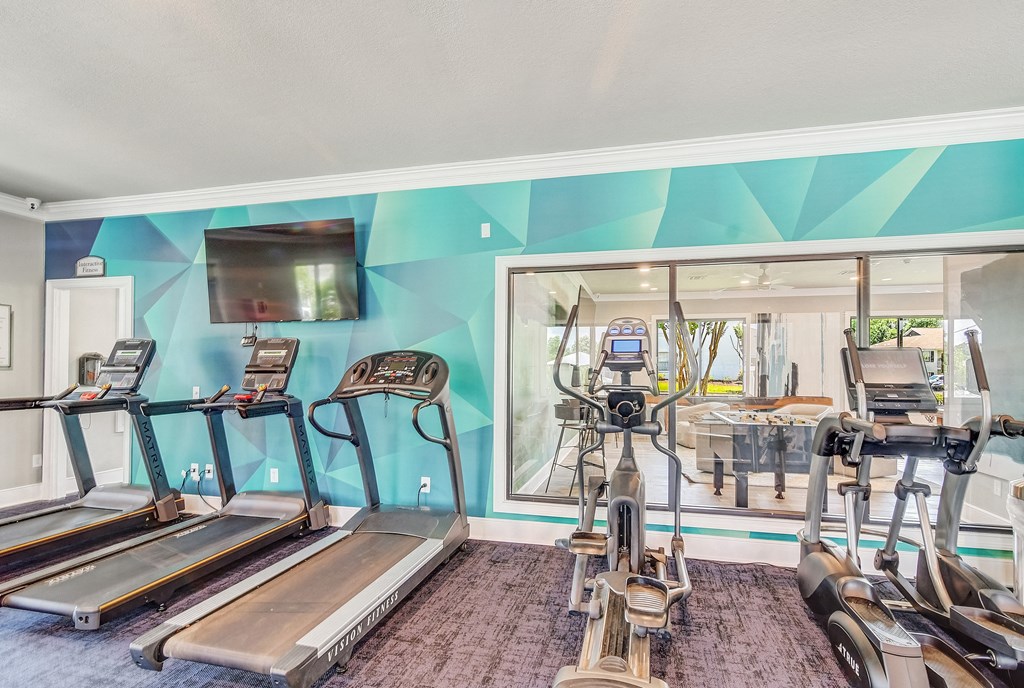 a gym with cardio machines and a television