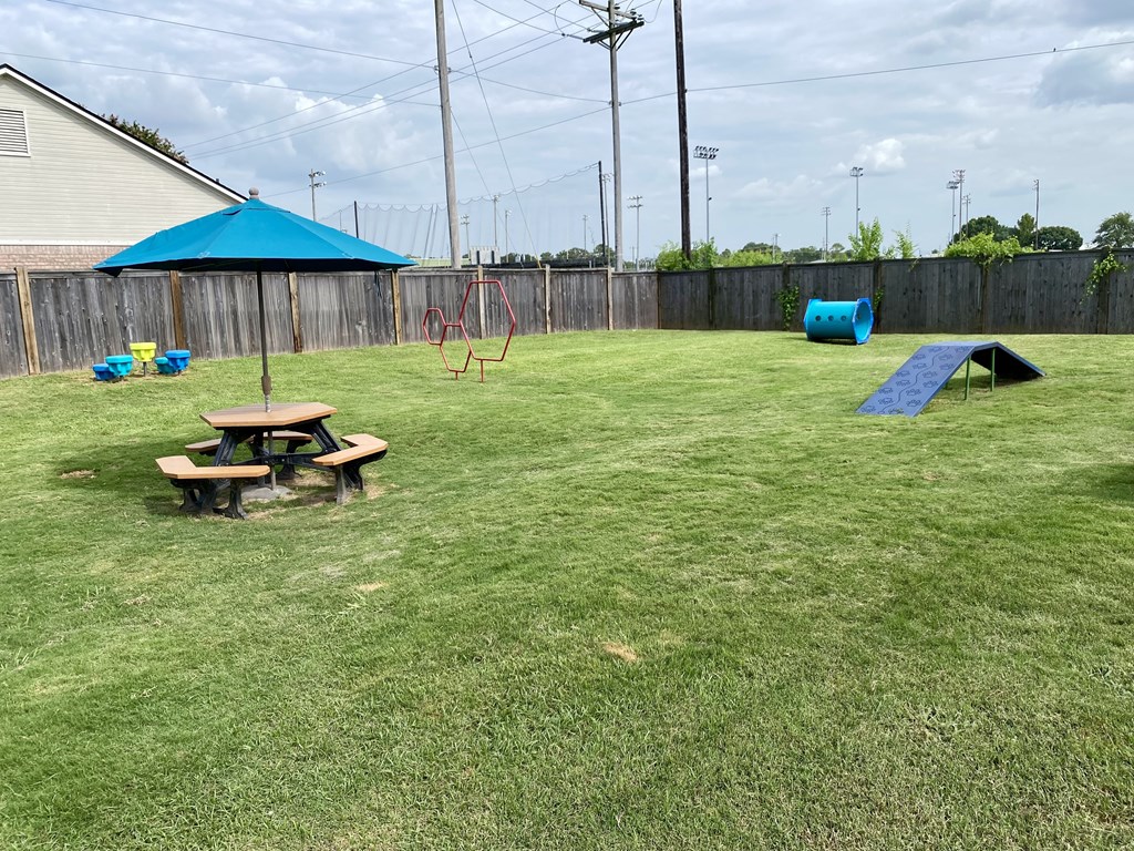 A backyard with a blue umbrella and a slide.