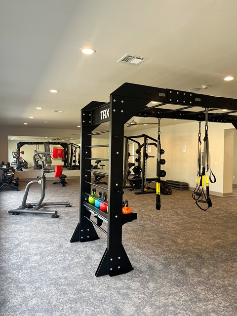 A TRX suspension trainer is hanging from a black frame in a gym. at Reserve at Park Place Apartment Homes, Hattiesburg, MS, 39402