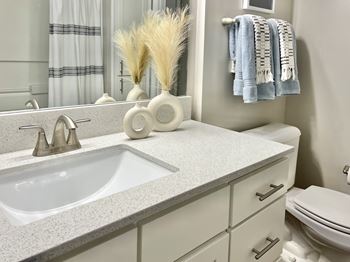 A bathroom with quartz countertops at Reserve at Park Place Apartments, Mississippi 39402