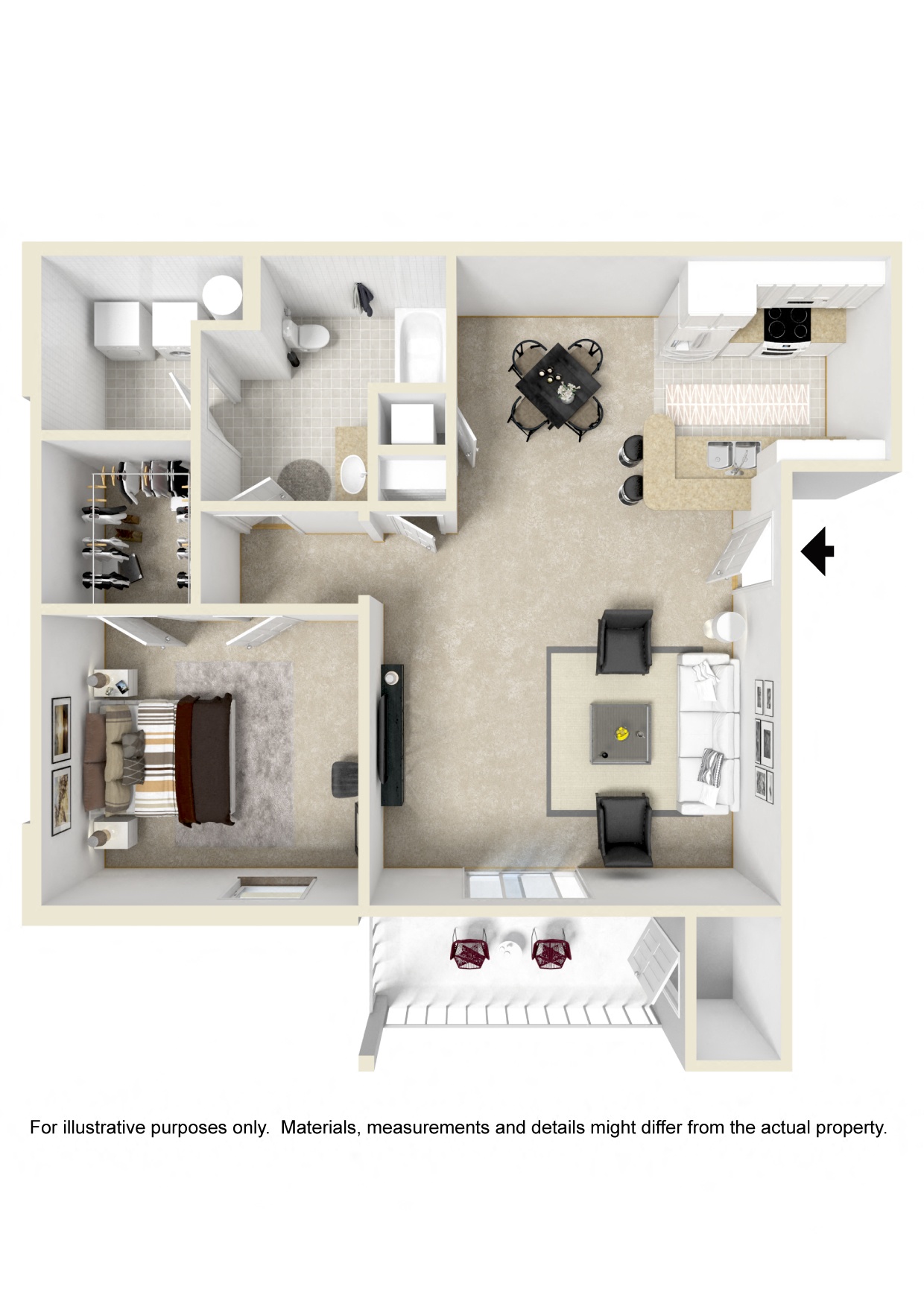 1 Bed, 1 Bath Floorplan | 776 Sq. Ft. at The Vineyard of Olive Branch Apartment Homes, Olive Branch, MS