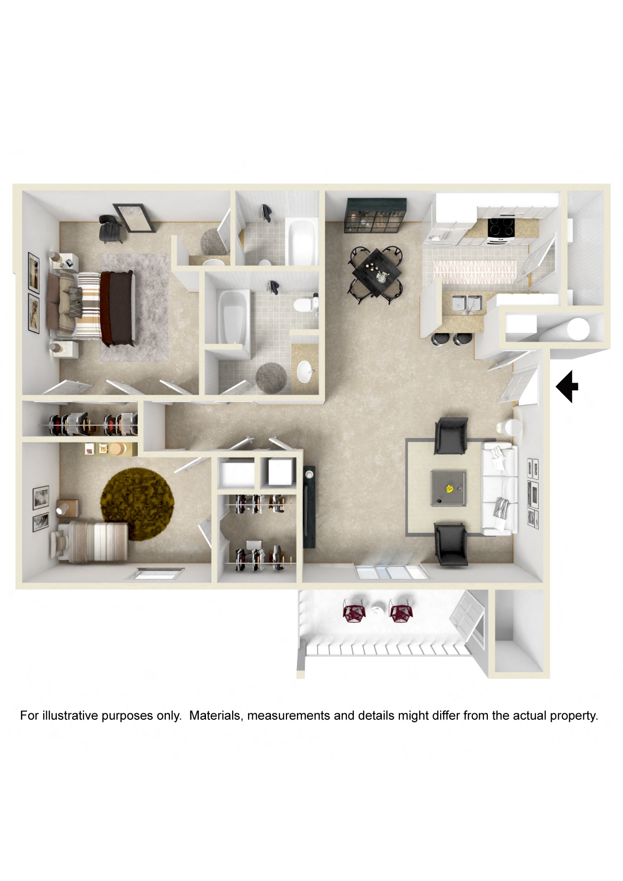 2 Bed, 2 Bath Floorplan | 987 Sq. Ft. at The Vineyard of Olive Branch Apartment Homes, Olive Branch, Mississippi